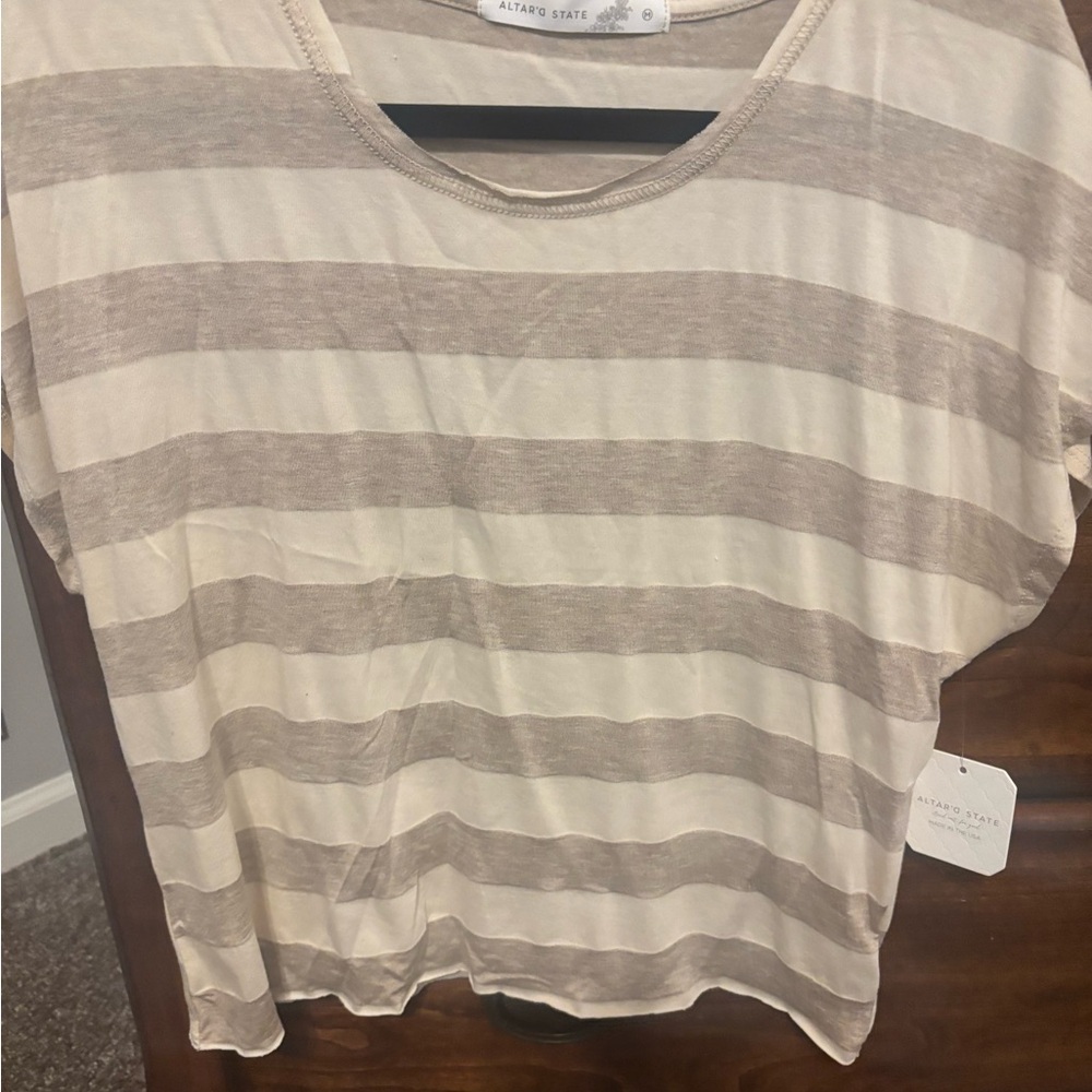 Altar'd State Beige and Cream Striped Short Sleeve Tee